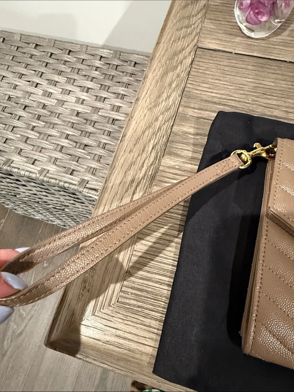 Saint Laurent Taupe Quilted Chevron Leather Wristlet with Gold YSL Hardware